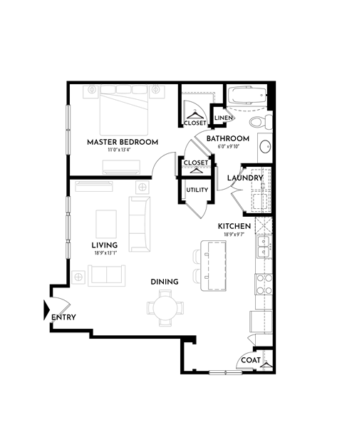 1BR 1BA (816 SF) Floor Plan at The Villas at Germantown, Memphis, TN, 38125